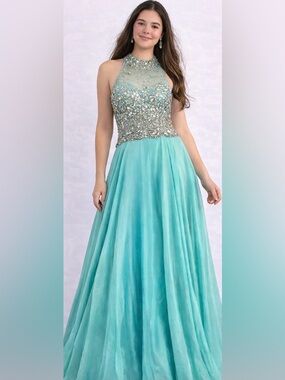 Camille La Vie Aqua Beaded Halter Prom Dress Size 8 Formal Gown